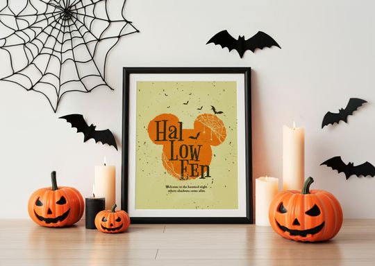 Mickey Themed Retro Halloween Printable Poster, Cute Spooky Season, Halloween Party Gift for Friends, Halloween Wall Decor