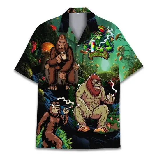 Bigfoot Hawaiian Shirt Men Women, Sasquatch Print Hibiscus Beach Casual Shirt