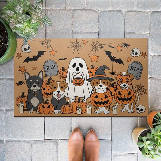 Halloween Dog Doormat, Cute Pumpkin Ghost Pet Welcome Mat, Funny Fall Porch Rug, Spooky Puppy Decor, Autumn Outdoor Entry Mat