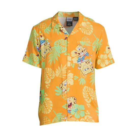 SpongeBob SquarePants Men's Tropical Print Woven Short Sleeve Shirt