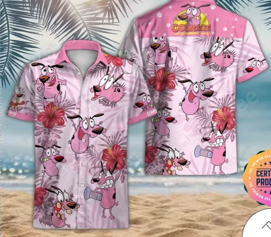Courage The Cowardly Dog Red Hibiscus Pink Aloha Hawaii Shirt