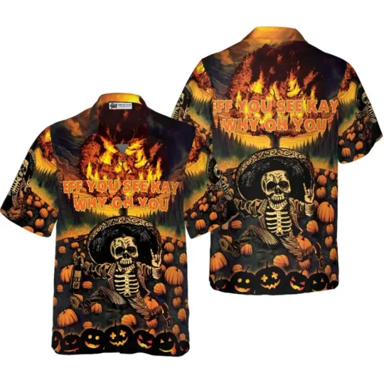 Burning Pumpkin Sky Skeleton Short Sleeve Hawaiian Shirt
