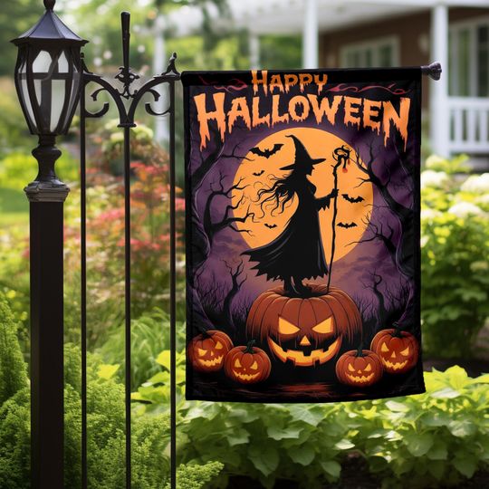 Personalized Halloween Flag, Custom Witch Ghost Skeleton Garden Flag, Spooky Haunted Outdoor Yard Banner, Autumn Porch Halloween Decor