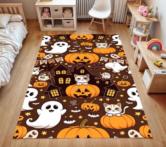 Discover Halloween Rug With Cute Ghosts & Pumpkins, Playroom Nursery Rug, Gift Rug For Halloween-Gift Rug