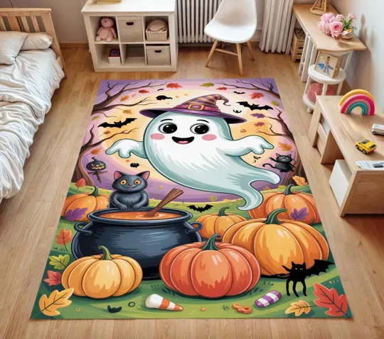 Halloween Ghost Rug with Pumpkins and Candy, Cute Witch Hat Ghost Carpet for Kids Room, Spooky Gift