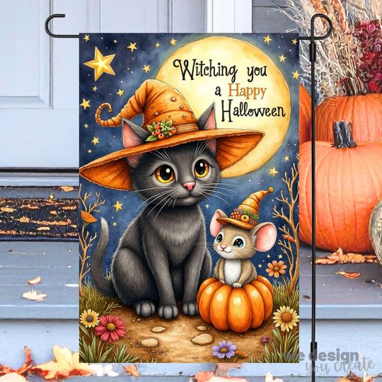 Halloween Garden Flag  , Halloween Sublimation Design, Spooky Season Decor, 12x18 Flag  , Fall Outdoor Decor, Witch Cat Autumn Flag  NG