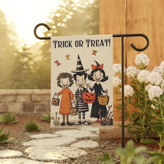 Halloween Garden Flag, Retro Vintage Trick or Treat Banner for House, Moody Black Orange Cream Fall Decor, Kids Ghosts Outdoor Yard Sign,