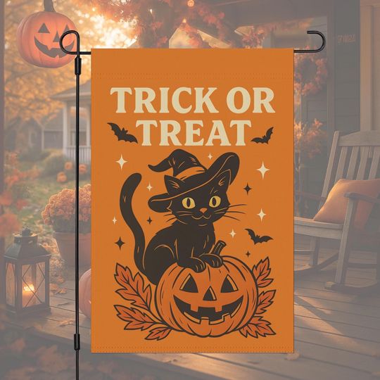 Trick or Treat Halloween Garden Flag, Black Cat Pumpkin Fall Yard Decor, Cute Retro Halloween Porch Decoration, Outdoor Autumn Flag
