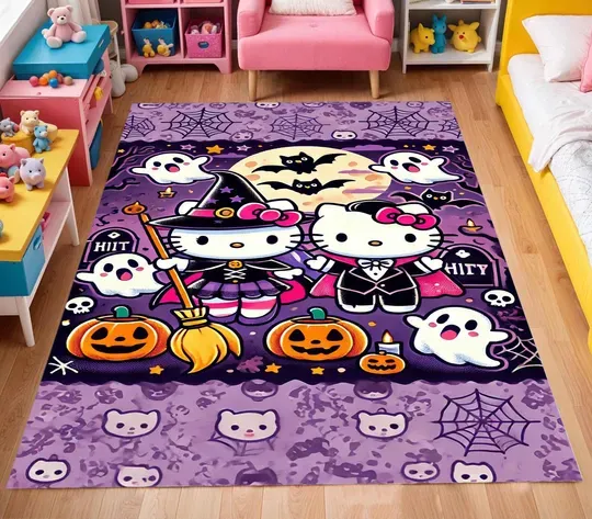 Hello Kitty Halloween Rug - Cute Witch & Vampire with Pumpkins Rug