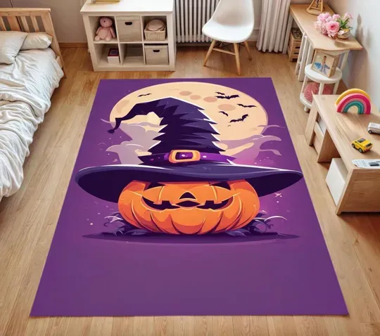 Halloween Witch Hat Pumpkin Rug, Spooky Jack-O-Lantern Rug, Halloween Decor