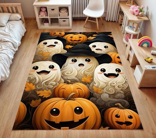 Discover Happy Ghost & Pumpkin Halloween Rug, Cute Spooky Fall
