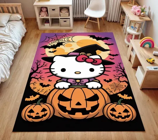 Cute Halloween Rug for Kids, Witch Cat Pumpkin Rug, Spooky Trick or Treat Rug