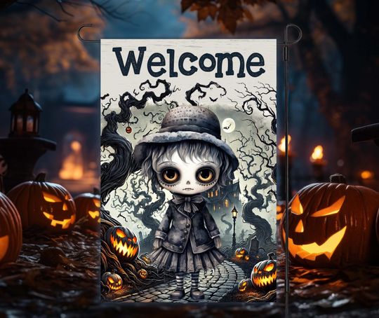 Discover Halloween Welcome 12x18 Garden Flag Sublimation Design, Halloween Garden Flag, Halloween Doll Welcome Garden Flag