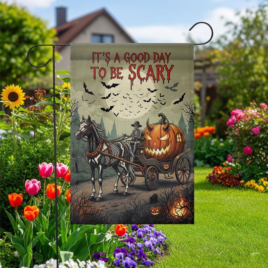 Discover Good Day To Be Scary Halloween Garden Flag, Pumpkin Carriage Skeleton Horse Decor, Spooky Fall Yard Sign, Gothic Outdoor Art