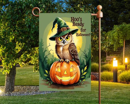 Hoo's Ready For Halloween Garden Flag Sublimation Design,Halloween Owl Garden Flag Template, Garden Flag