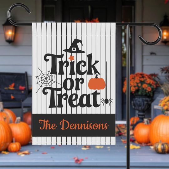 Personalized Halloween Garden Flag | Trick or Treat Yard Dcor | Custom Family Name Outdoor Decoration | Pumpkin, Spider, Witch Hat