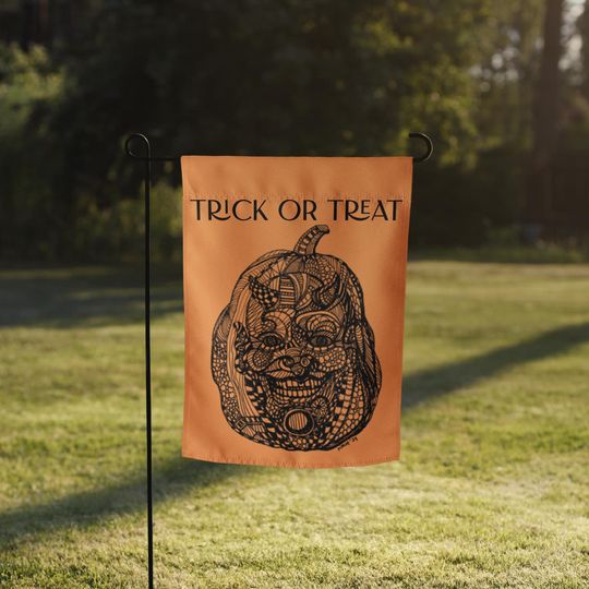 Orange Halloween Garden Flag, Hand-Drawn Jack-o-Lantern Face with Trick or Treat, Double-Sided 12x17 Yard Banner (Pole Not Included)