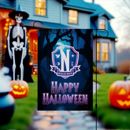 Wednesday Addams Halloween Garden Flag, Nevermore Academy Flag, Fall Decoration, Happy Halloween Flag Seasonal Home Accent