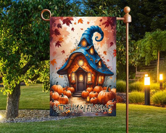 Witch House Garden Flag Sublimation Design,Pumpkin Garden Flag Template,Halloween  Garden Flag  ,Autumn