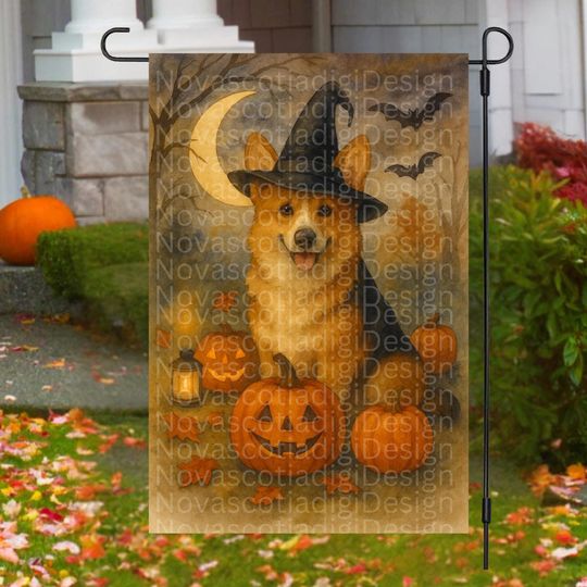 Halloween Garden Flag  , Corgi Halloween Witch Dog Flag , Sublimation Design, Autumn Decor, Corgi Halloween Flag.