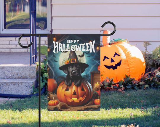 Black Lab Halloween Garden Flag Witch Hat Dog Banner Halloween Yard Decoration Garden & House Flag Outdoor Black Labrador Halloween Decor