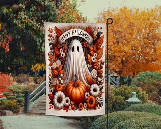 Discover Halloween Garden Flag, Ghost and Pumpkin Flag, Fall Decor, Autumn Flag, Spooky Season Flag, Halloween Designs