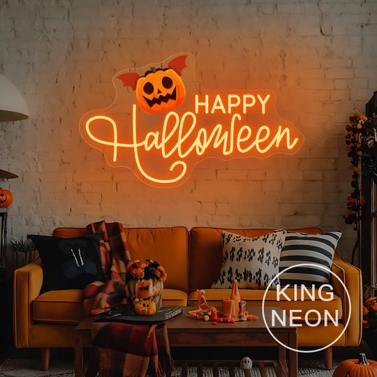 Happy Halloween Pumpkin Neon Sign, Custom Halloween Party LED Neon Light, Halloween Home Wall Decor, Spooky Season Sign, Halloween Gift