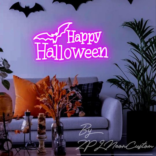 Happy Halloween Bat Neon Sign Custom Halloween Neon Sign Bat Led Neon Light Candy Store Home Wall Decor Halloween Party Decor Halloween Gift