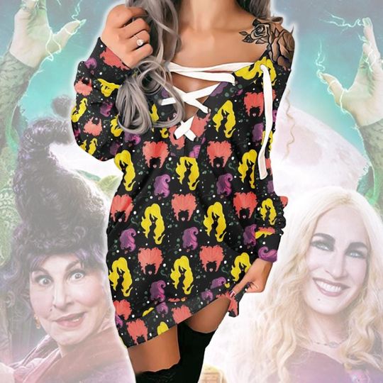 Hocus Pocus Costume Dress Sweater, Sanderson Sisters Horror Cosplay Long Sleeve Dress, Witch 3D Costume Sweater For Women