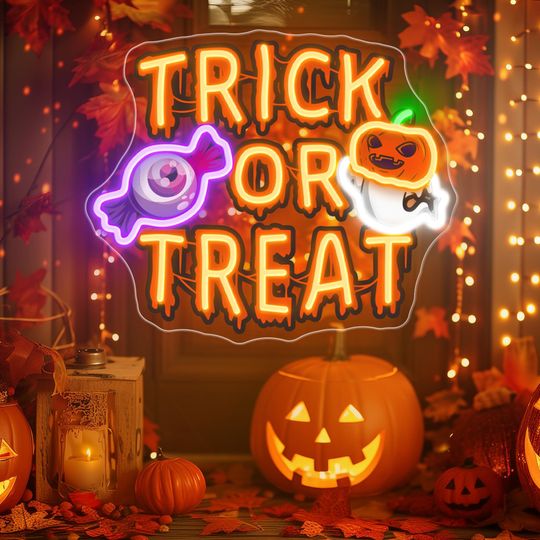 Trick OR Treat Halloween Neon Sign,Custom Led Neon Light Halloween Party Decor,Ghost Light Up Sign, Personalized Home Gift, Halloween Gift