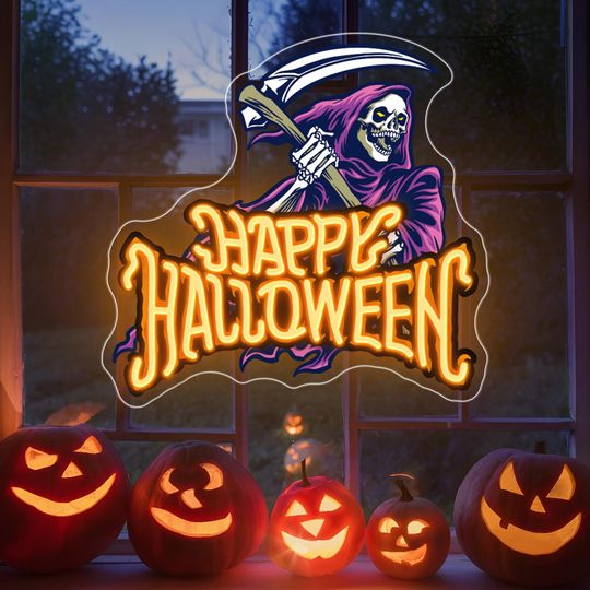 Happy Halloween Neon Sign,Spooky Grim Reaper LED Light for Halloween Party,Halloween Wall Decor,Haunted House Decor,Custom Halloween Gift