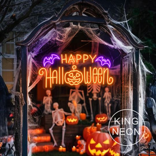 Happy Halloween Pumpkin Bat Neon Sign, Custom Halloween Party LED Neon Light Halloween Home Bar Decor Light Sign Personalized Halloween Gift