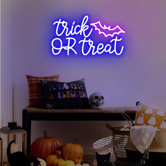 Trick Or Treat LED Neon Sign | Halloween Neon Sign | Bat Neon Sign | Custom Neon Sign | Acrylic Sign | Neon Light | Custom LED Sign