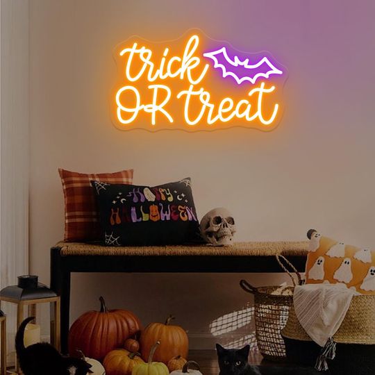 Trick Or Treat Neon Sign Halloween Bat Neon Sign Decor, Bat Neon Sign  Halloween Party Decor ,Custom Halloween Gifts Holiday Home Decor