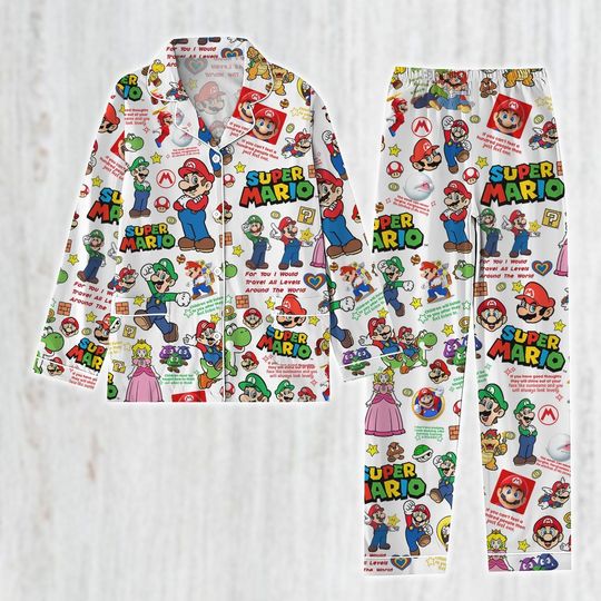 Super Mario Bros Pajamas Set, Princess Peach Adult Sleepwear, Gaming Lounge Pajamas