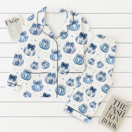 Blue Pumpkin Pajama Set, Cozy Fall Sleepwear, Autumn Pattern Loungewear, Halloween Gift for Her