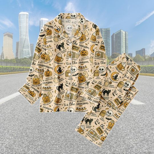 Halloween Tis The Season Pajama Set with Pumpkin Ghost Design for Women