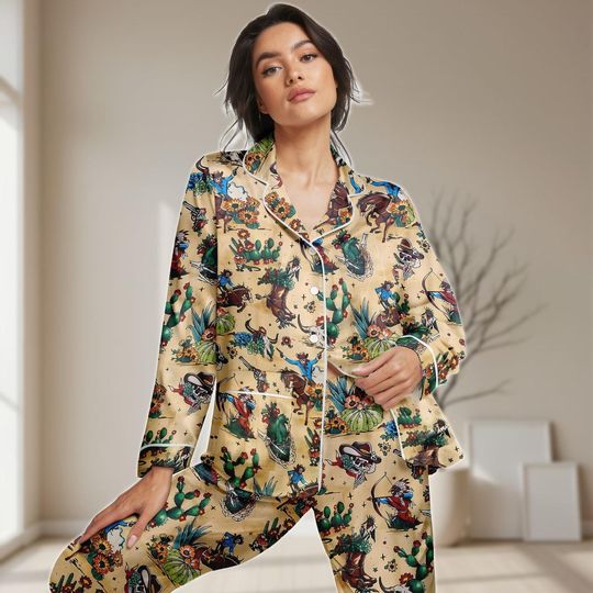 Vintage Cowboy Western Satin Pajama Set for Women, Rodeo Cactus Sleepwear, Cute Boo Loungewear, Nature Lovers Pajamas, Halloween Gift