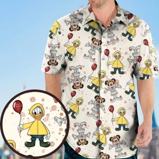Halloween Donald Duck & amp, Mickey Mouse Clown You'll Float Too Hawaiian Shirt