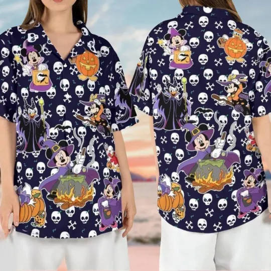 Minnie & Daisy Duck Witch Halloween Party Gift Horror Skulls Hawaiian Shirt
