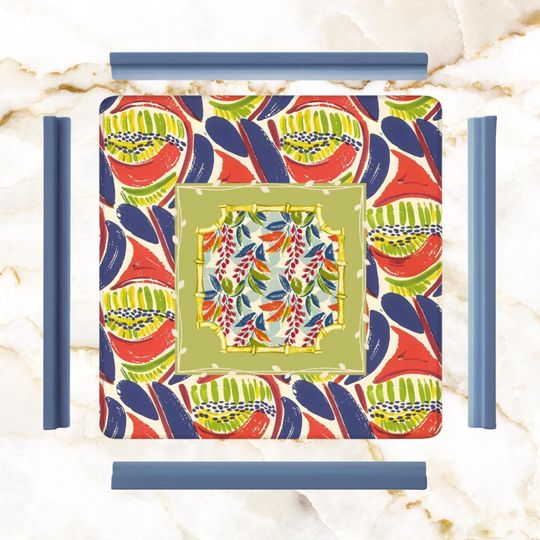 Mahjong Mat Vintage Floral Heritage Citrus Green, Coral Blue Preppy Mahj Mat