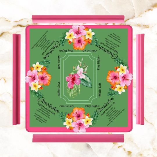 Mahjong Mat With Instructions, Charleston Preppy Green, Hot Pink Floral Mahjong Game Night Mat
