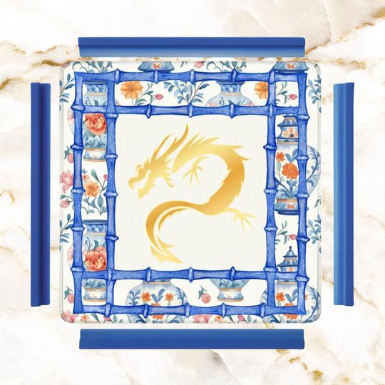 Mahjong Mat, Chinese Dragon Blue, White, Chinoserie Grandmillenial Designed Game Mat For Mahjong Enthusiasts