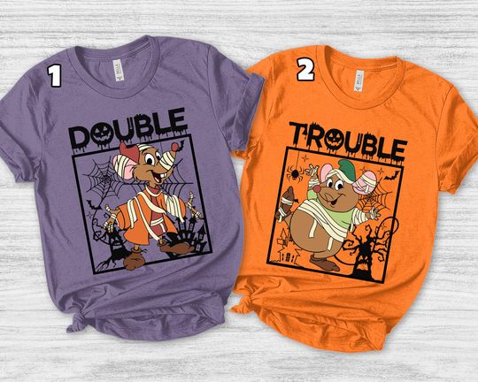 Discover Cinde Jaq Gus Costume Double Trouble Shirt, Disney Halloween Couple Matching Tee, Spooky Season, Halloween Gift SKZ403