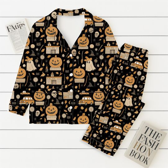 Halloween Town Pumpkin Pajama Set with Ghost and Witch Sleepwear for Adults