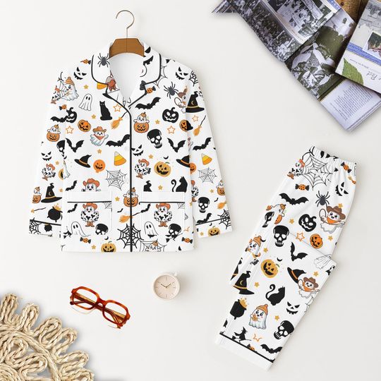 Halloween Pattern Pajama Set – Ghost, Black Cat, Pumpkin, Bat, Spider, Skull – Spooky Season Sleepwear for Fall