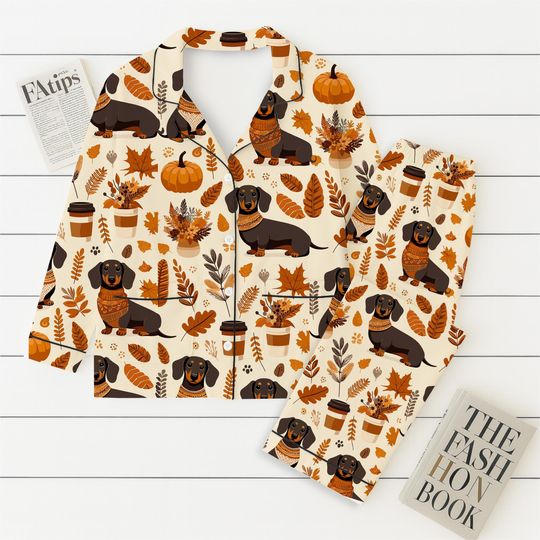 Fall Dachshund Pajamas Set, Cute Dog Sleepwear for Adults, Pet Lover Gift, Halloween & Thanksgiving Matching Loungewear