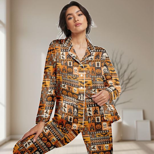 Vintage Halloween Patchwork Long Satin Pajamas Set, Cute Pumpkin Women Pajamas, Skull Bat Sleepwear, Spooky Season 2025 Pajamas Gift