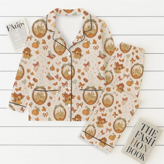 Autumn WDW Castle Pajamas Set, Cozy Fall Leaf Sleepwear, Cute Deer Lounge Wear, Holiday Gift For Women
