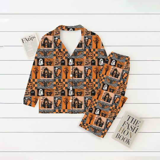 Halloween Pajama Set for Women, Spooky Haunted House Shirt, Ghost Pumpkin Bat Sleepwear, Fall Festival Loungewear